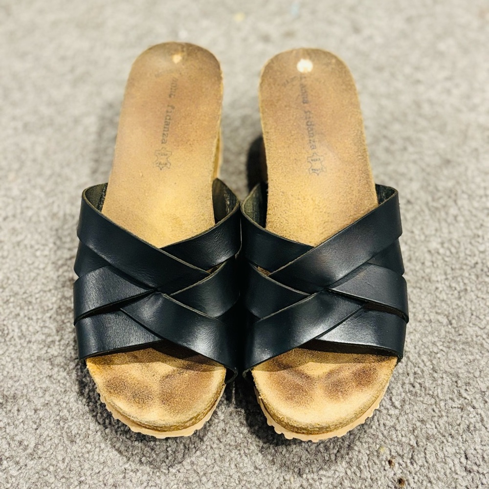 Black Leather Slide Sandals
